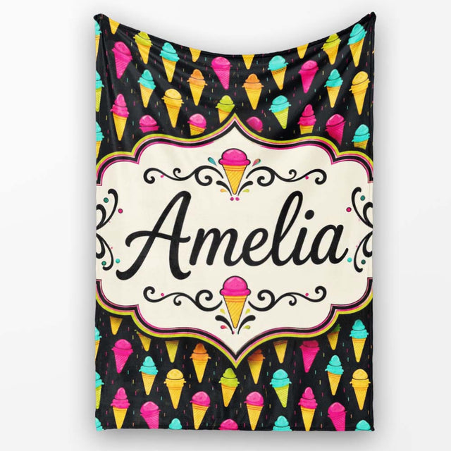 Bright Neon Ice Cream Cones on Black Fun Pop Art Dessert Seamless  Personalised Custom Name Super Soft Fleece Blanket Bed Sofa Throw