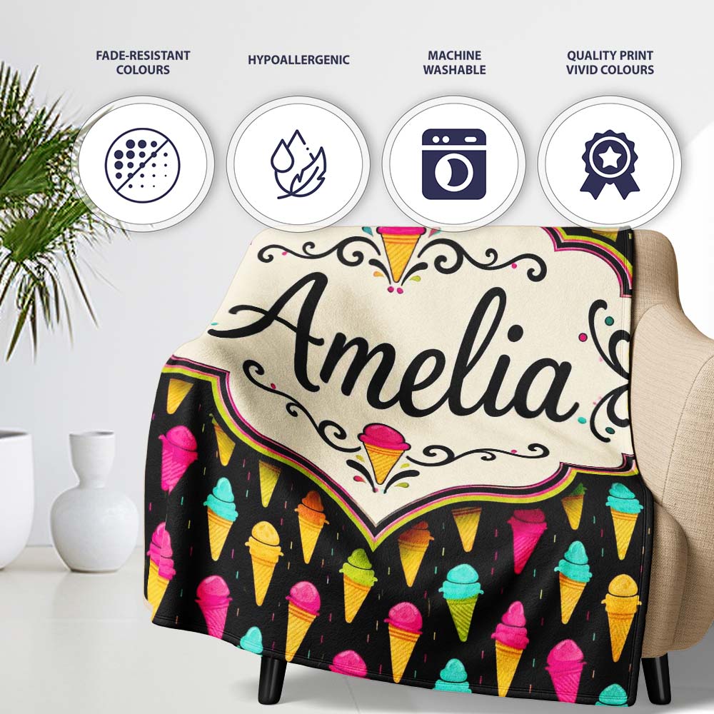 Bright Neon Ice Cream Cones on Black Fun Pop Art Dessert Seamless  Personalised Custom Name Super Soft Fleece Blanket Bed Sofa Throw