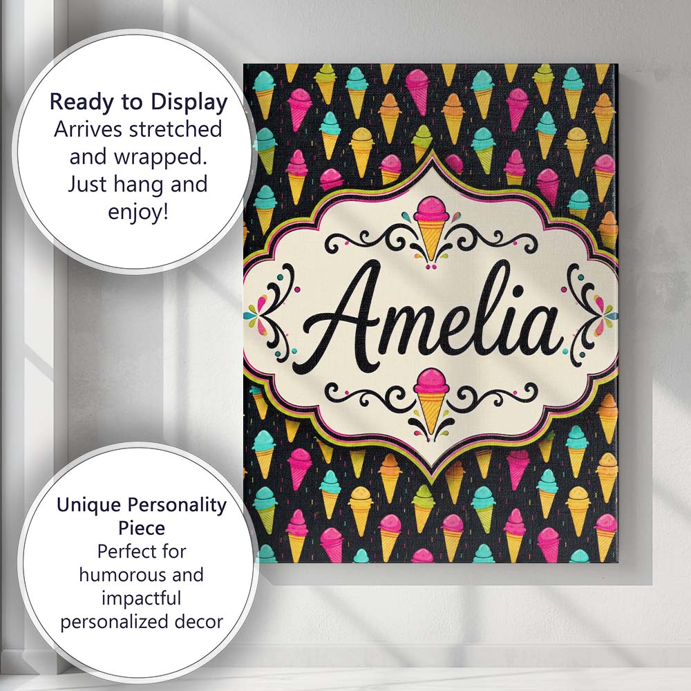 Personalised Name Bright Neon Ice Cream Custom  Modern Room Accent Elegant Feature Canvas Wall Art Print Decor Picture Ready to Hang