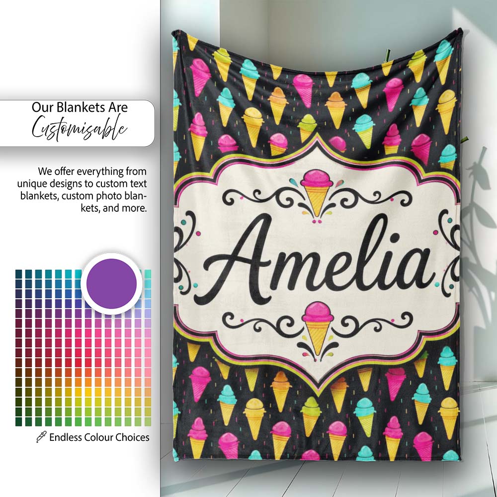 Bright Neon Ice Cream Cones on Black Fun Pop Art Dessert Seamless  Personalised Custom Name Super Soft Fleece Blanket Bed Sofa Throw