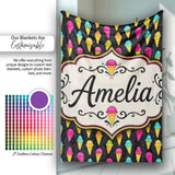Bright Neon Ice Cream Cones on Black Fun Pop Art Dessert Seamless  Personalised Custom Name Super Soft Fleece Blanket Bed Sofa Throw