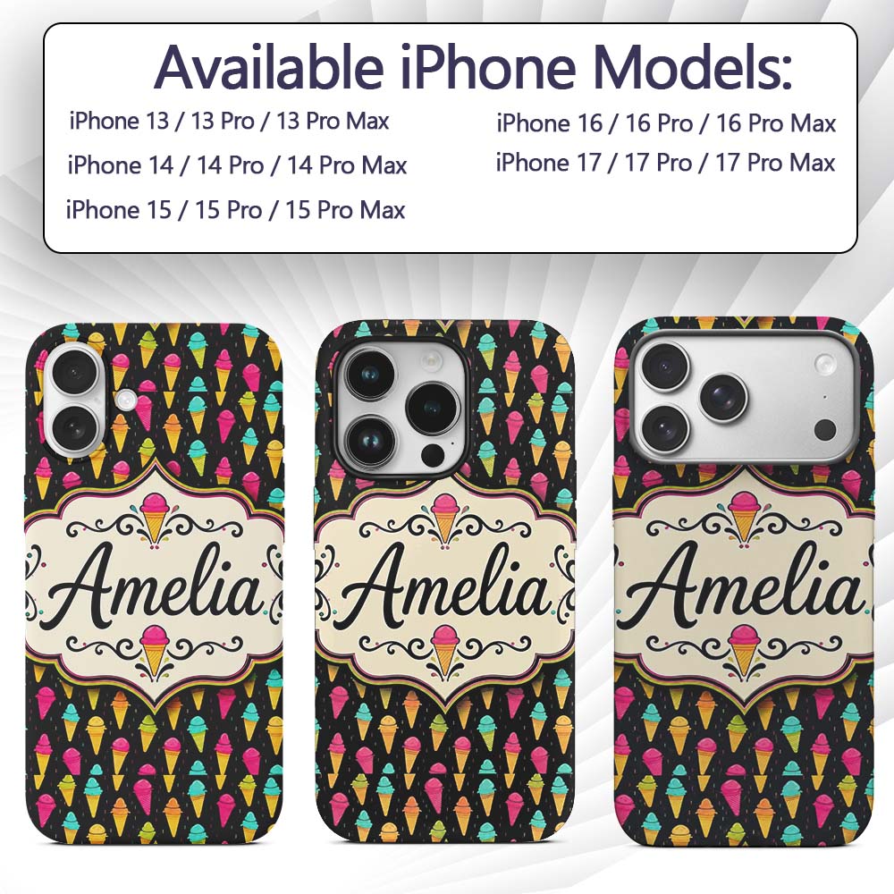 Bright Neon Ice Cream Cones on Black Fun Pop Art Custom Name Protective Phone Case Mobile Cover Durable Everyday Smartphone Shock Resistant