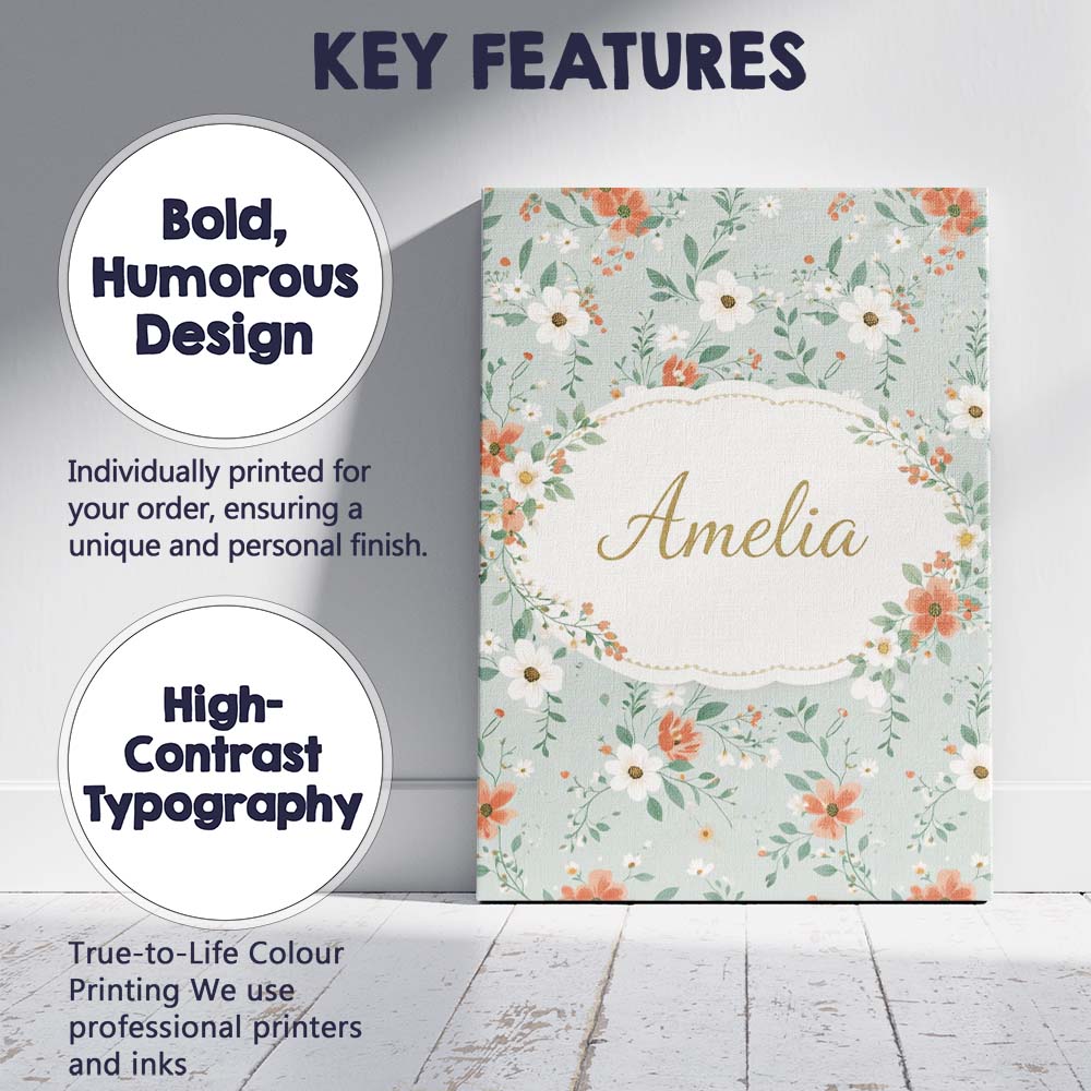 Personalised Name Wildflower Orange and White Floral Pattern Sage Custom  Bespoke Canvas Wall Art Print Decor Picture Ready to Hang