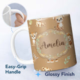 Personalized Custom Name Baby Safari Animals Leopard Tiger Lion on Warm Brown Seamless 11oz Ceramic Coffee Tea Mug White Large Handle