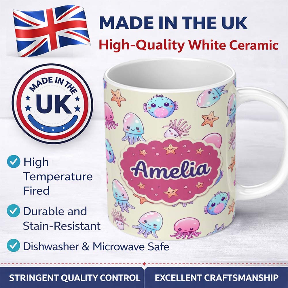 Personalized Custom Name Cute Kawaii Jellyfish Starfish Pastel Ocean Creatures Cream Lovely 11oz Ceramic Coffee Tea Mug White Large Handle