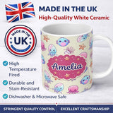 Personalized Custom Name Cute Kawaii Jellyfish Starfish Pastel Ocean Creatures Cream Lovely 11oz Ceramic Coffee Tea Mug White Large Handle