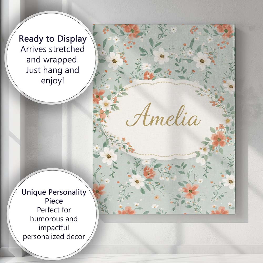 Personalised Name Wildflower Orange and White Floral Pattern Sage Custom  Bespoke Canvas Wall Art Print Decor Picture Ready to Hang