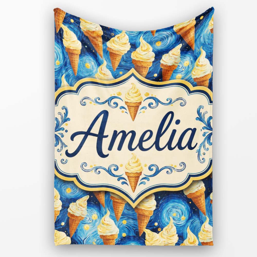 Artistic Ice Cream Cones Over Starry Night Inspired Blue Swirl  Personalised Custom Name Super Soft Fleece Blanket Bed Sofa Throw