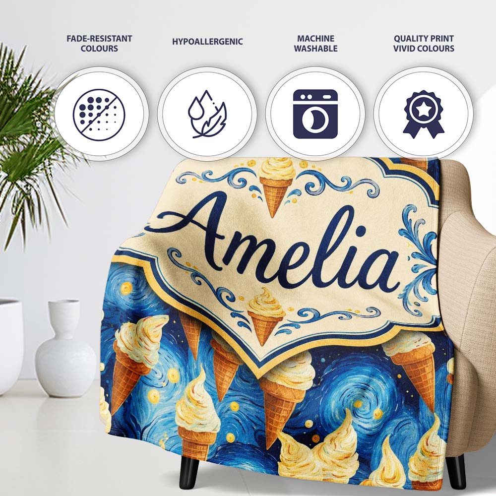 Artistic Ice Cream Cones Over Starry Night Inspired Blue Swirl  Personalised Custom Name Super Soft Fleece Blanket Bed Sofa Throw