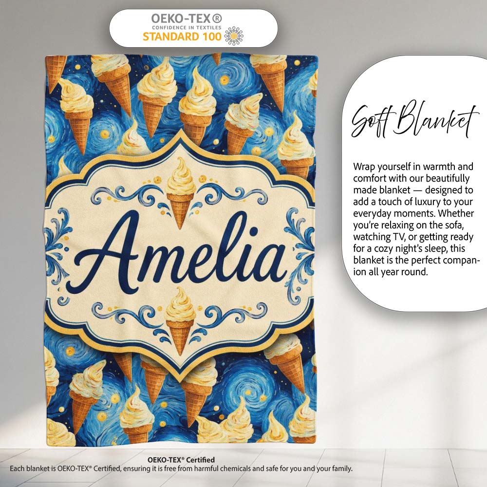 Artistic Ice Cream Cones Over Starry Night Inspired Blue Swirl  Personalised Custom Name Super Soft Fleece Blanket Bed Sofa Throw