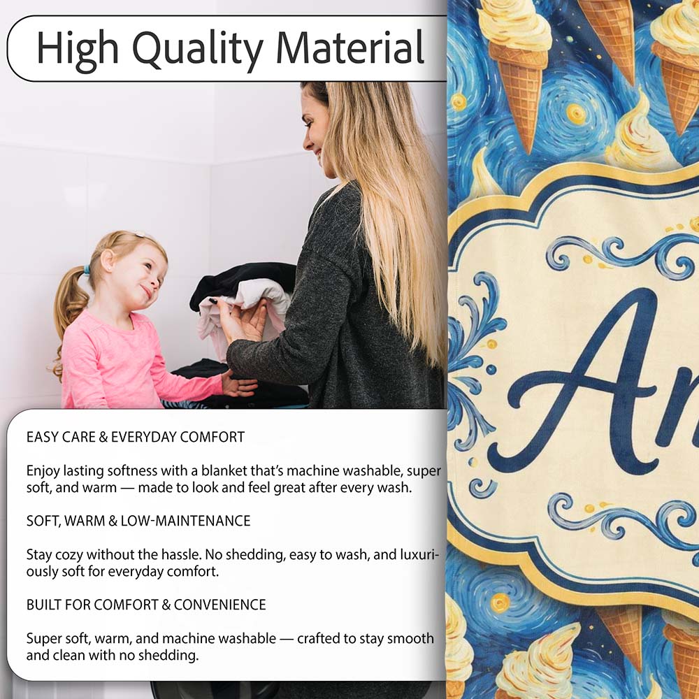 Artistic Ice Cream Cones Over Starry Night Inspired Blue Swirl  Personalised Custom Name Super Soft Fleece Blanket Bed Sofa Throw