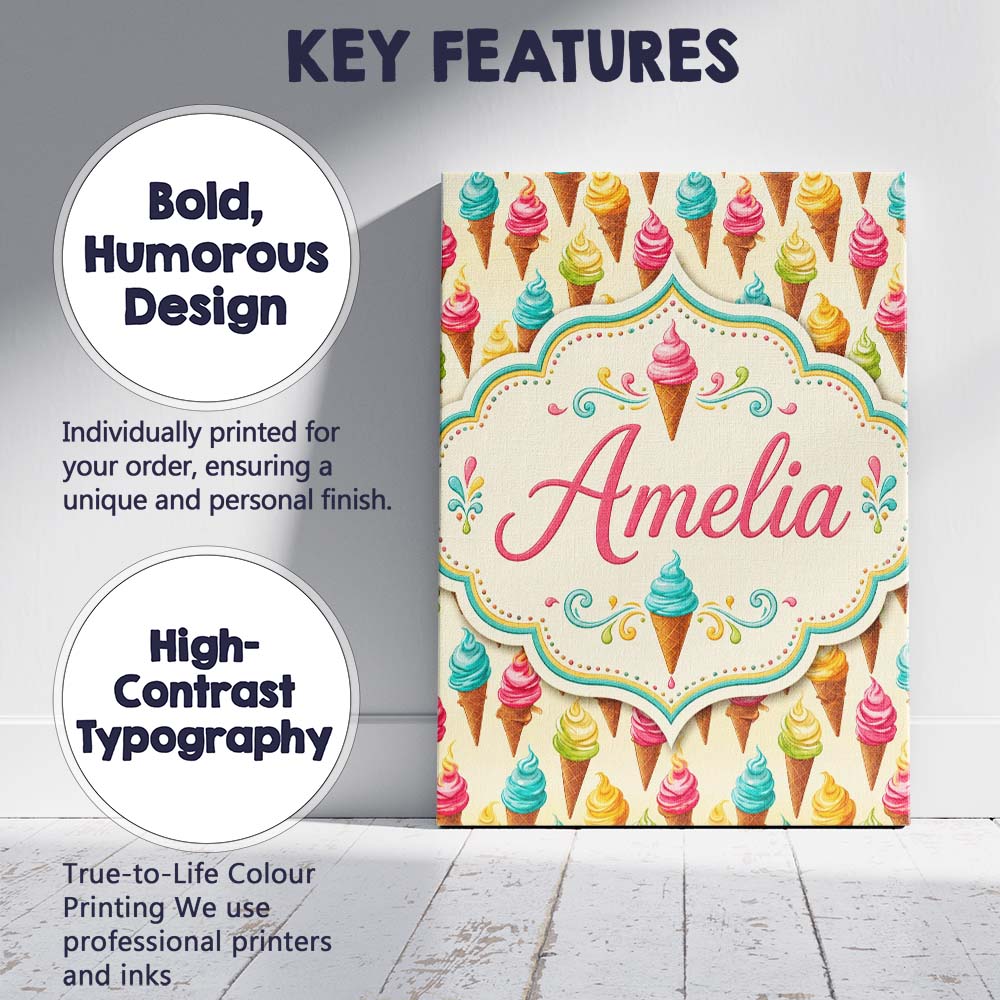 Personalised Name Colourful Ice Cream Cones Custom  Bespoke Interior Contemporary Canvas Wall Art Print Decor Picture Ready to Hang