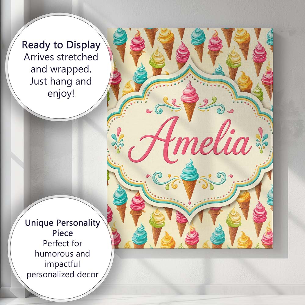 Personalised Name Colourful Ice Cream Cones Custom  Bespoke Interior Contemporary Canvas Wall Art Print Decor Picture Ready to Hang