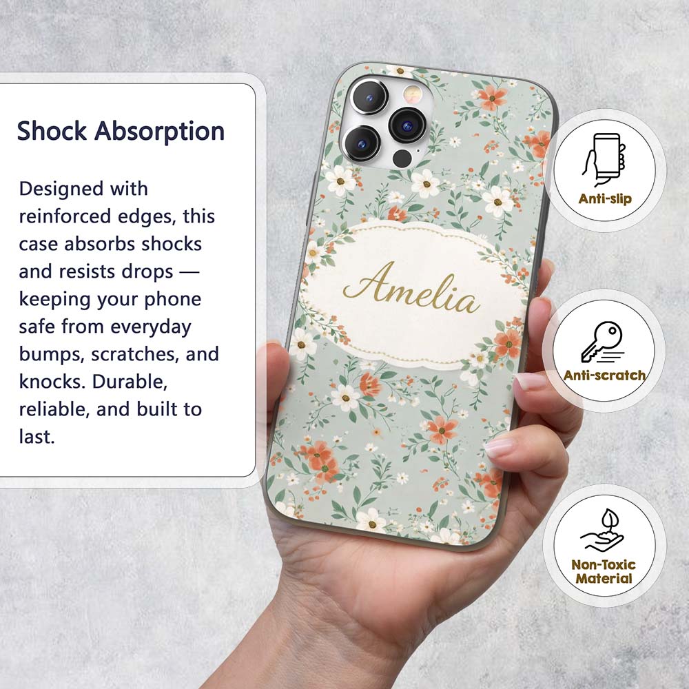Wildflower Orange and White Floral Pattern Sage Custom Name Protective Phone Case Mobile Cover Durable Everyday Smartphone Shock Resistant