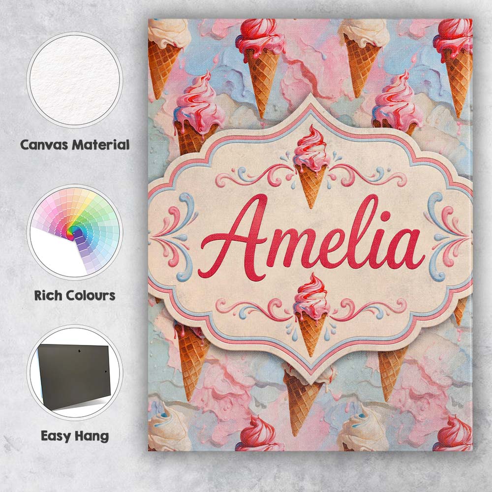Personalised Name Melted Ice Cream Drip Custom  Modern Room Accent Elegant Feature Canvas Wall Art Print Decor Picture Ready to Hang