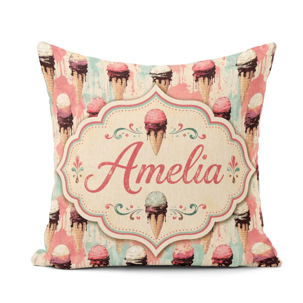 Custom Name Grunge Style Melting Ice Cream Cones with Background Square Filled Cushion Throw Pillow Sofa Bed Home Decor Zip Washable UK Made