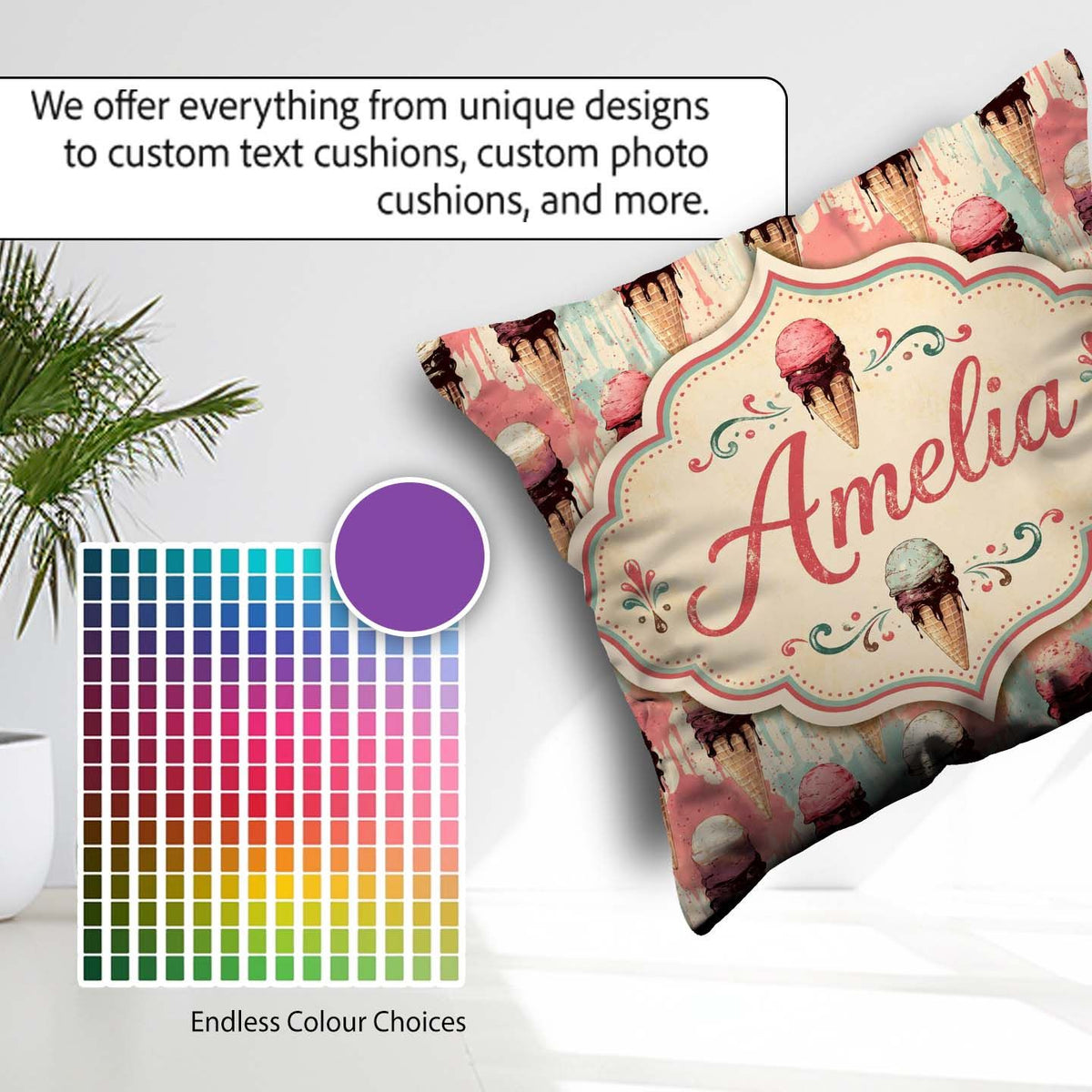 Custom Name Grunge Style Melting Ice Cream Cones with Background Square Filled Cushion Throw Pillow Sofa Bed Home Decor Zip Washable UK Made