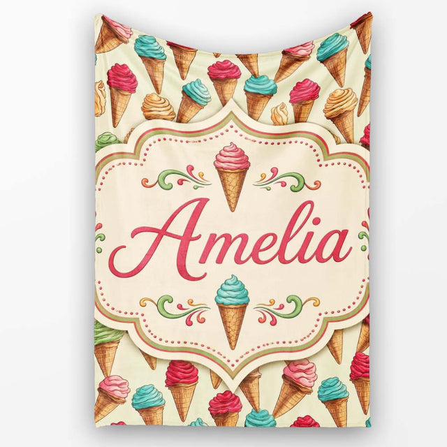 Cute Cartoon Ice Cream Cone Pattern in Pink Blue and Chocolate on  Personalised Custom Name Super Soft Fleece Blanket Bed Sofa Throw