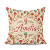 Custom Name Cartoon Ice Cream Cone in Pink Blue and Chocolate on Square Filled Cushion Throw Pillow Sofa Bed Home Decor Zip Washable UK Made