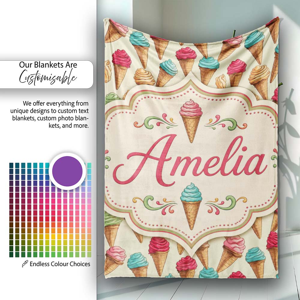 Cute Cartoon Ice Cream Cone Pattern in Pink Blue and Chocolate on  Personalised Custom Name Super Soft Fleece Blanket Bed Sofa Throw