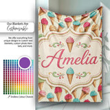 Cute Cartoon Ice Cream Cone Pattern in Pink Blue and Chocolate on  Personalised Custom Name Super Soft Fleece Blanket Bed Sofa Throw