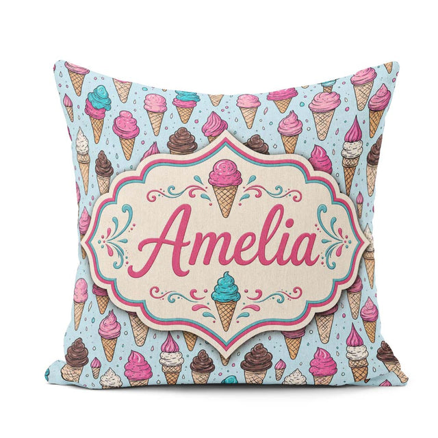 Custom Name Soft Pastel Ice Cream Cone Repeat on Neutral Minimal Square Filled Cushion Throw Pillow Sofa Bed Home Decor Zip Washable UK Made