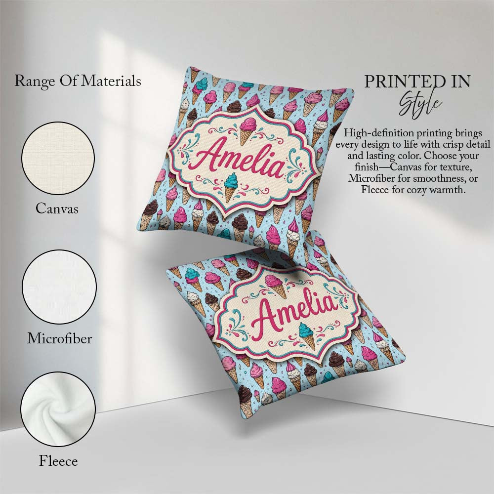 Custom Name Soft Pastel Ice Cream Cone Repeat on Neutral Minimal Square Filled Cushion Throw Pillow Sofa Bed Home Decor Zip Washable UK Made
