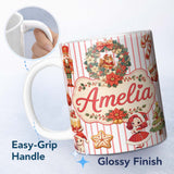 Personalized Custom Name Christmas Nutcracker Squirrel Cake Candy Cane Girl Tree Red Stripe 11oz Ceramic Coffee Tea Mug White Large Handle