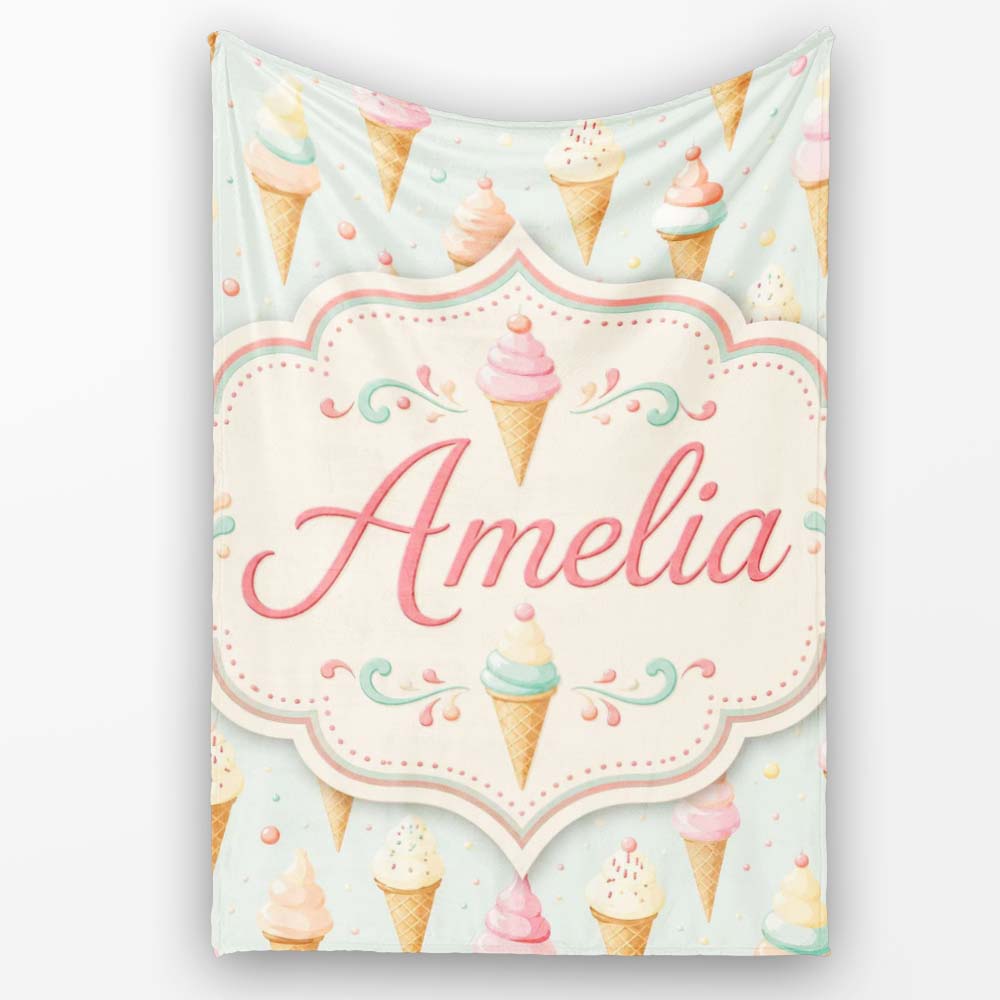Pastel Ice Cream Cones with Sprinkles Seamless Cute Dessert Pattern  Personalised Custom Name Super Soft Fleece Blanket Bed Sofa Throw
