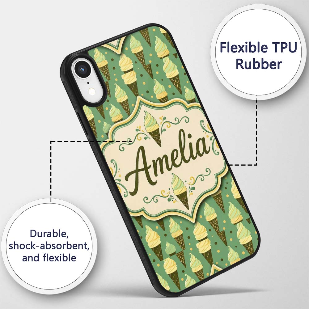 Vintage Mint Green Ice Cream Cones Printed Design Custom Name Protective Phone Case Mobile Cover Durable Everyday Smartphone Shock Resistant