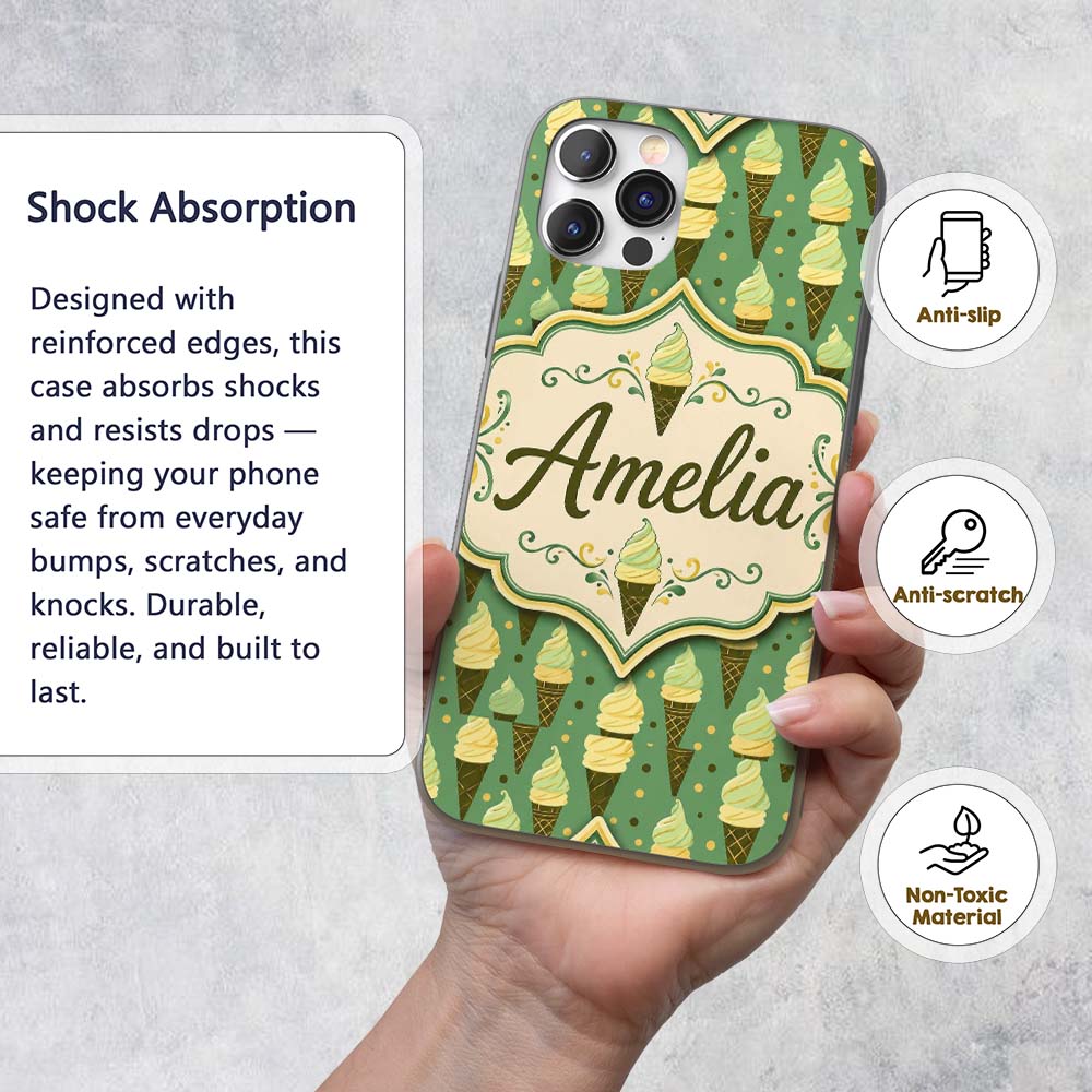 Vintage Mint Green Ice Cream Cones Printed Design Custom Name Protective Phone Case Mobile Cover Durable Everyday Smartphone Shock Resistant