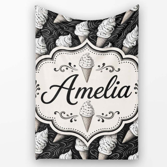 Monochrome Ice Cream Cone Pattern on Black with Swirl Texture Lovely  Personalised Custom Name Super Soft Fleece Blanket Bed Sofa Throw