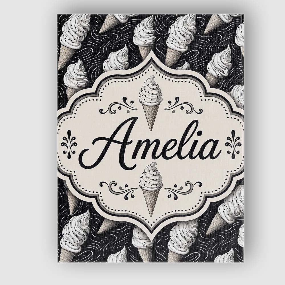 Personalised Name Monochrome Ice Cream Cone Custom  Bespoke Interior Contemporary Canvas Wall Art Print Decor Picture Ready to Hang