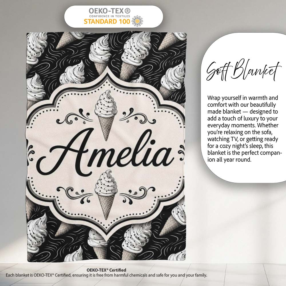 Monochrome Ice Cream Cone Pattern on Black with Swirl Texture Lovely  Personalised Custom Name Super Soft Fleece Blanket Bed Sofa Throw