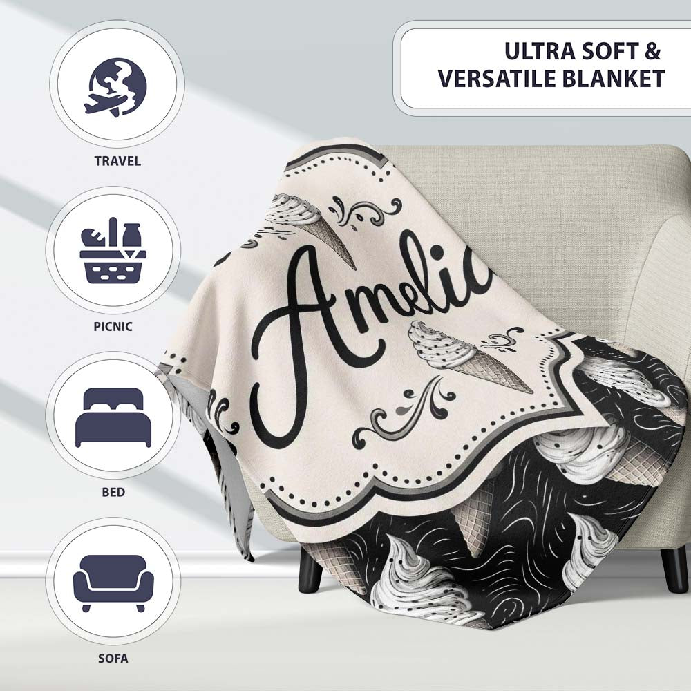 Monochrome Ice Cream Cone Pattern on Black with Swirl Texture Lovely  Personalised Custom Name Super Soft Fleece Blanket Bed Sofa Throw