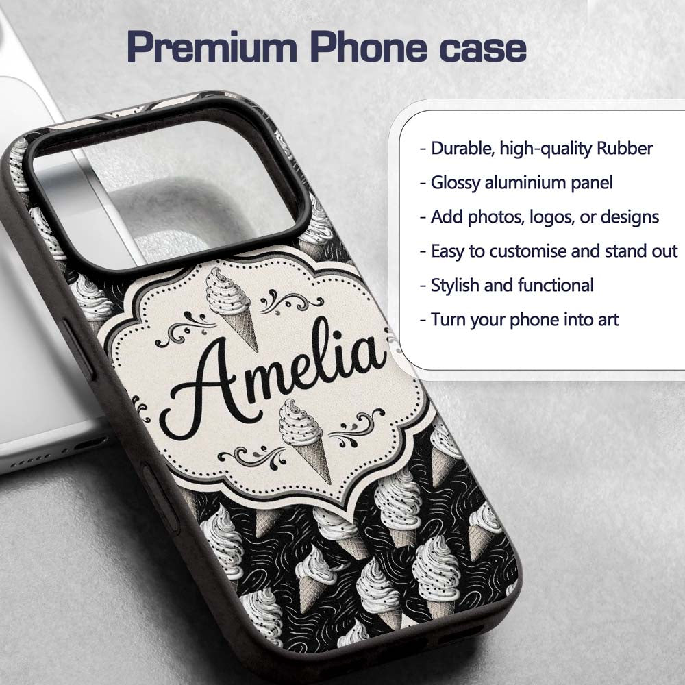 Monochrome Ice Cream Cone Pattern on Black with Custom Name Protective Phone Case Mobile Cover Durable Everyday Smartphone Shock Resistant