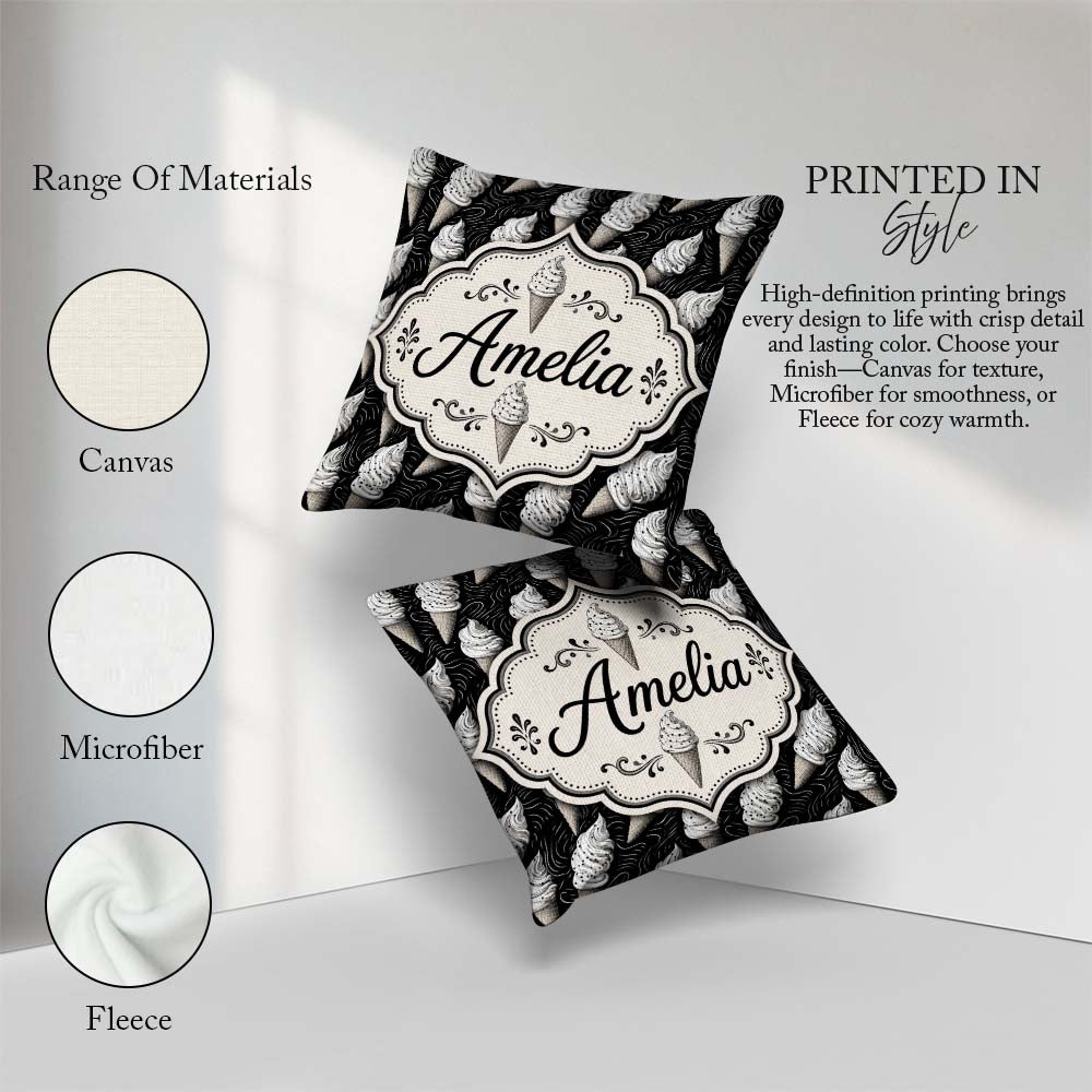 Custom Name Ice Cream Cone Pattern on Black with Swirl Texture Square Filled Cushion Throw Pillow Sofa Bed Home Decor Zip Washable UK Made
