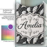 Monochrome Ice Cream Cone Pattern on Black with Swirl Texture Lovely  Personalised Custom Name Super Soft Fleece Blanket Bed Sofa Throw