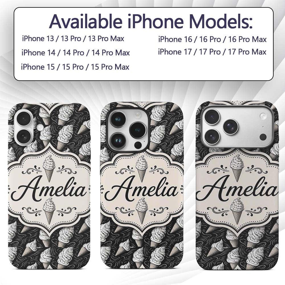 Monochrome Ice Cream Cone Pattern on Black with Custom Name Protective Phone Case Mobile Cover Durable Everyday Smartphone Shock Resistant