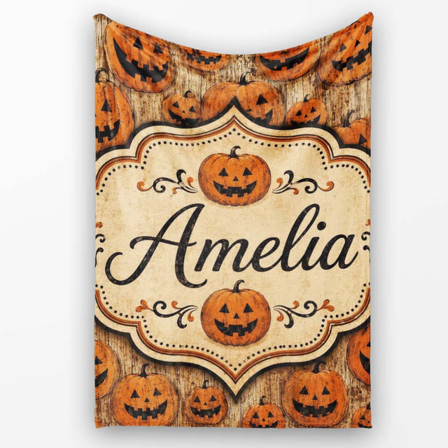 Classic Halloween Pumpkin Faces Repeating Pattern on Weathered Wood  Personalised Custom Name Super Soft Fleece Blanket Bed Sofa Throw