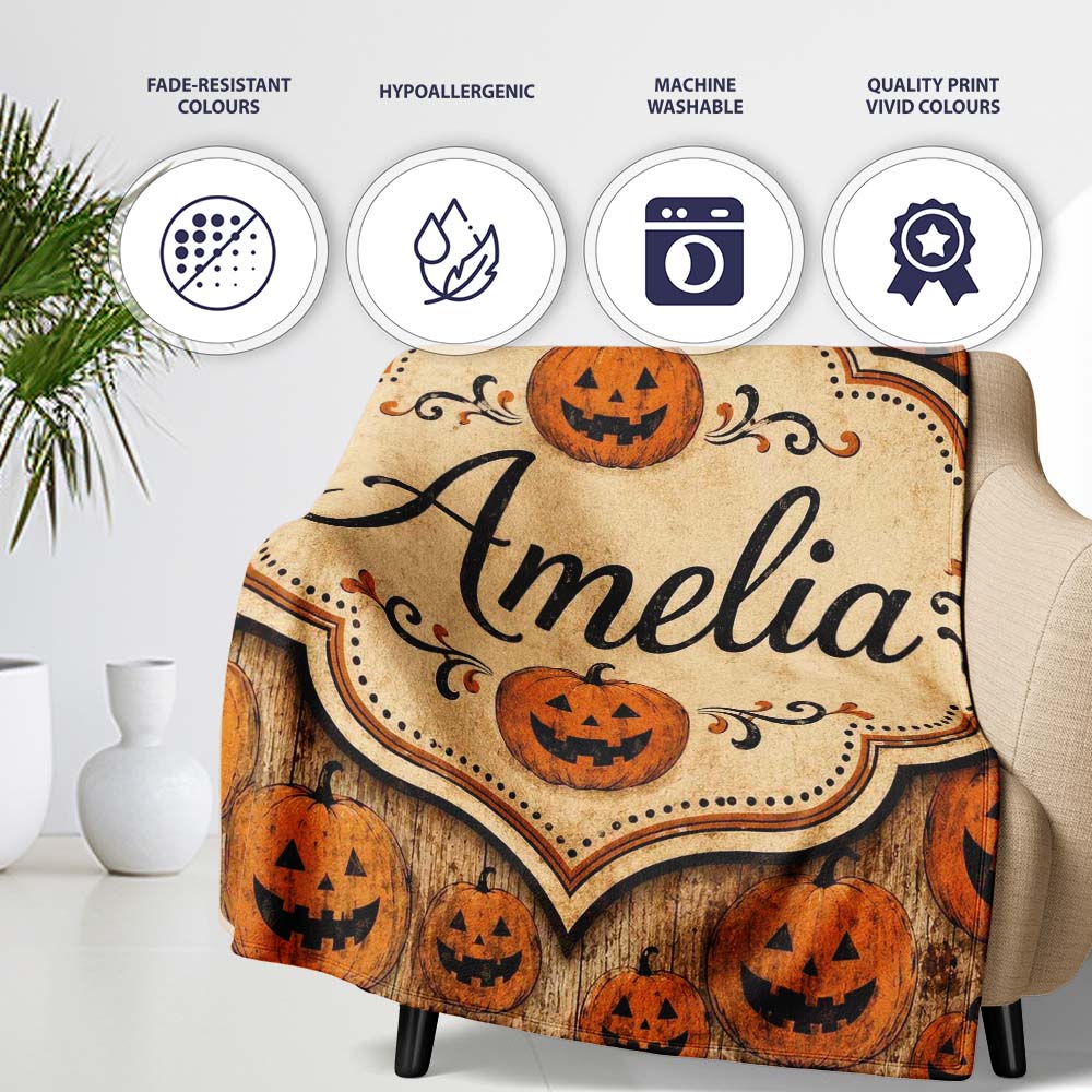 Classic Halloween Pumpkin Faces Repeating Pattern on Weathered Wood  Personalised Custom Name Super Soft Fleece Blanket Bed Sofa Throw