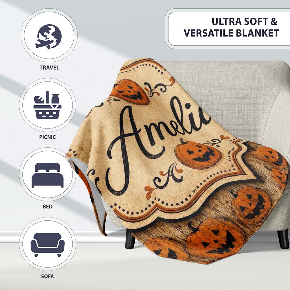 Classic Halloween Pumpkin Faces Repeating Pattern on Weathered Wood  Personalised Custom Name Super Soft Fleece Blanket Bed Sofa Throw