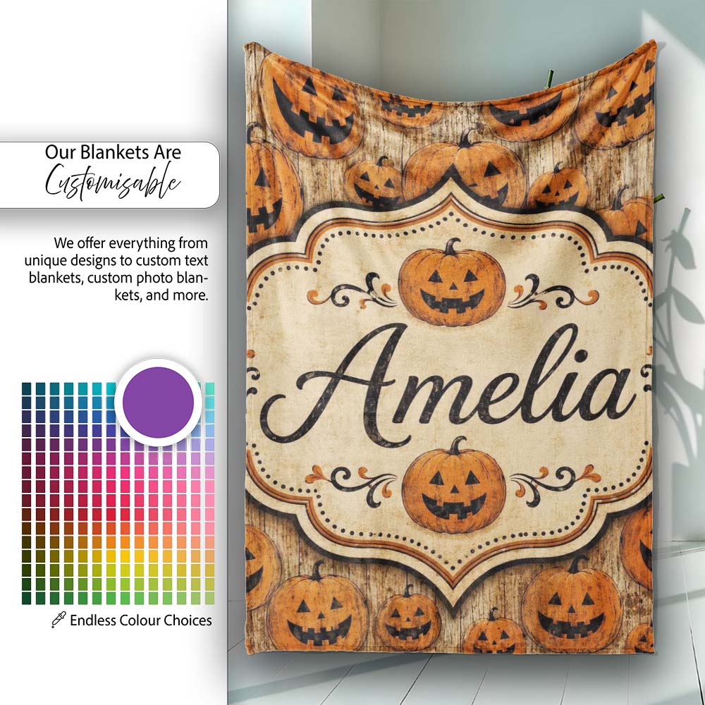 Classic Halloween Pumpkin Faces Repeating Pattern on Weathered Wood  Personalised Custom Name Super Soft Fleece Blanket Bed Sofa Throw