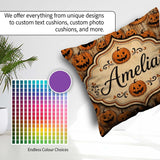 Custom Name Classic Halloween Pumpkin Faces Repeating Pattern on Square Filled Cushion Throw Pillow Sofa Bed Home Decor Zip Washable UK Made