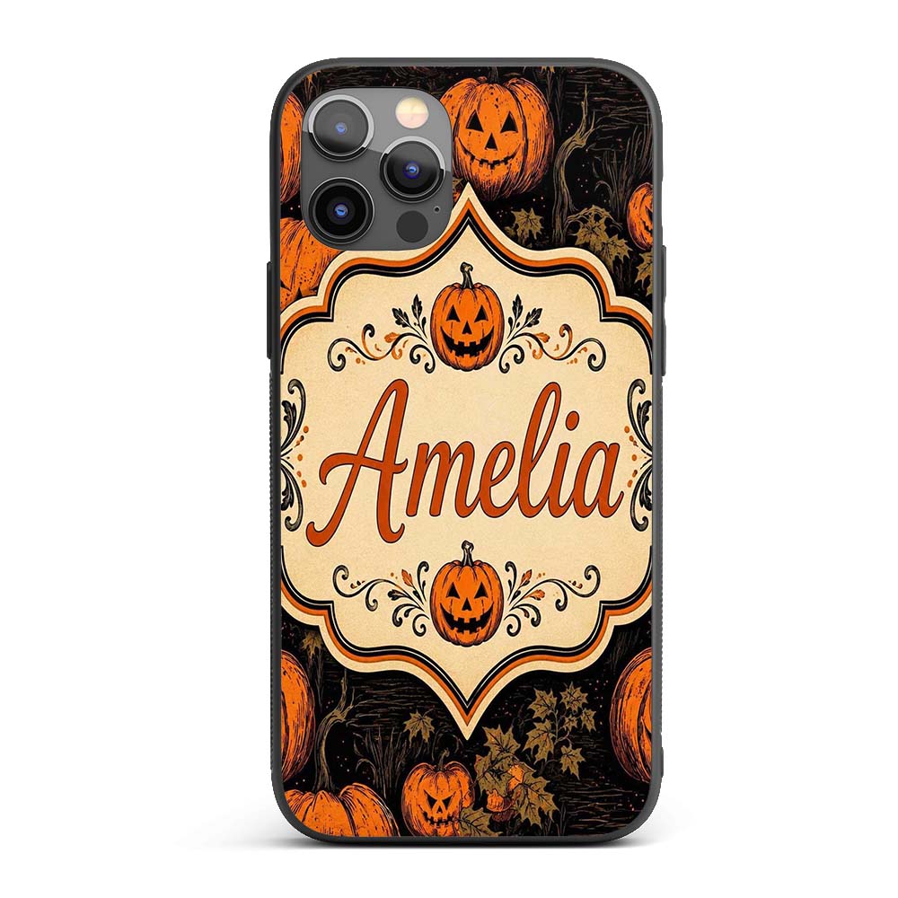 Bold Halloween Pumpkin Illustration Pattern on Custom Name Protective Phone Case Mobile Cover Durable Everyday Smartphone Shock Resistant