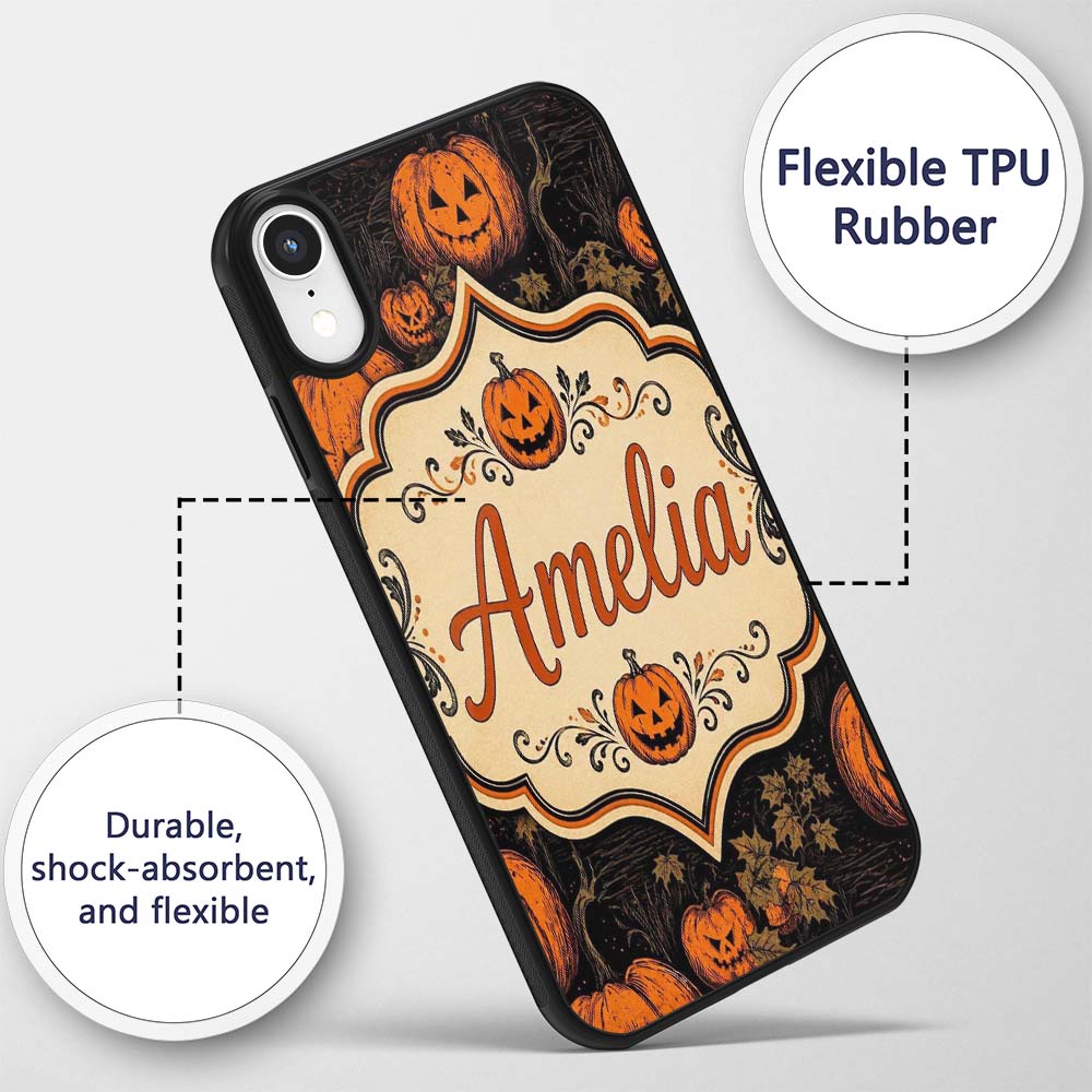 Bold Halloween Pumpkin Illustration Pattern on Custom Name Protective Phone Case Mobile Cover Durable Everyday Smartphone Shock Resistant