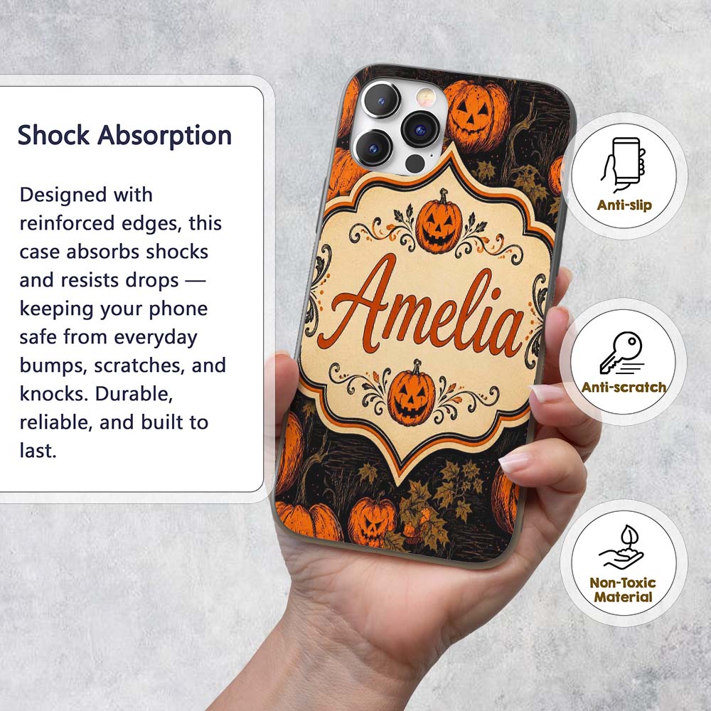 Bold Halloween Pumpkin Illustration Pattern on Custom Name Protective Phone Case Mobile Cover Durable Everyday Smartphone Shock Resistant