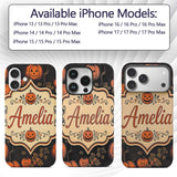 Bold Halloween Pumpkin Illustration Pattern on Custom Name Protective Phone Case Mobile Cover Durable Everyday Smartphone Shock Resistant