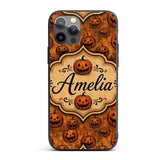 Vintage Halloween Jack O Lantern Pumpkin Pattern Custom Name Protective Phone Case Mobile Cover Durable Everyday Smartphone Shock Resistant