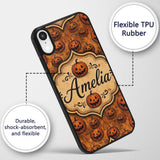Vintage Halloween Jack O Lantern Pumpkin Pattern Custom Name Protective Phone Case Mobile Cover Durable Everyday Smartphone Shock Resistant